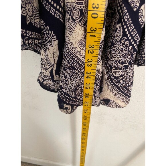 Boho Elephant Print Strapless Midi Dress Asymmetrical Hem Navy Beige 100% Rayon - Picture 6 of 7